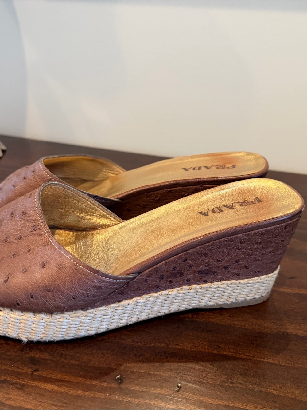 Prada Brown Leather Espadrille Wedge Slides - Picture 3 of 5